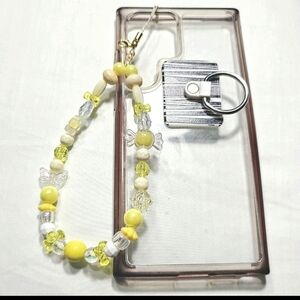 Cute Pastel Yellow White Iridescent Girly Dainty Beaded Phone Charm Wrist Strap
